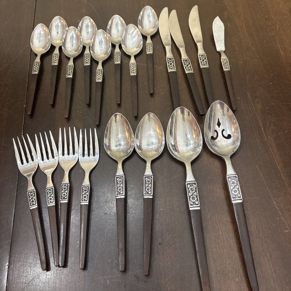 20 EKCO ETERNA La Joya MCM Flatware JAPAN Faux Wood Stainless Steel